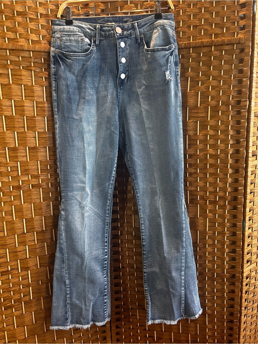 High Rise Flare Jeans Distressed Raw Hem Button Fly Seven7 Size 10